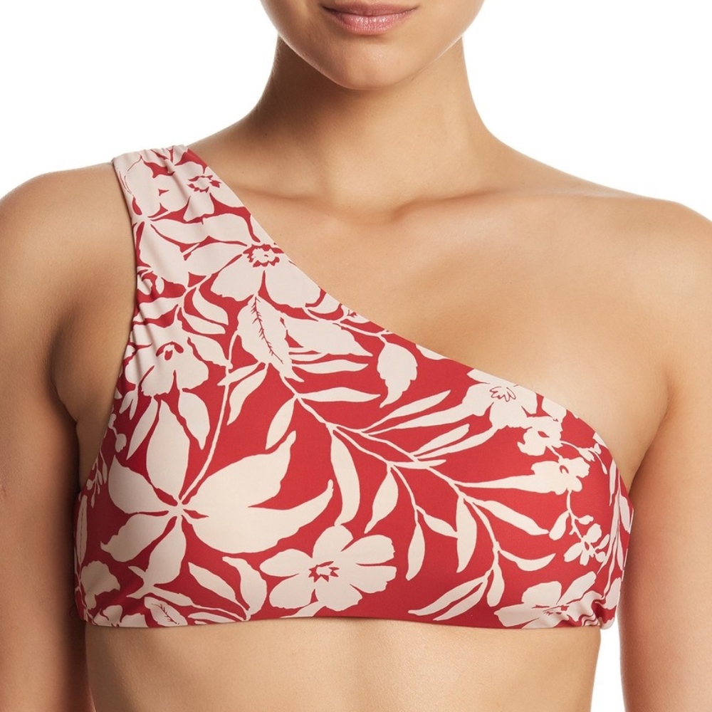 Red Carter Shirred One-Shoulder Bikini Top